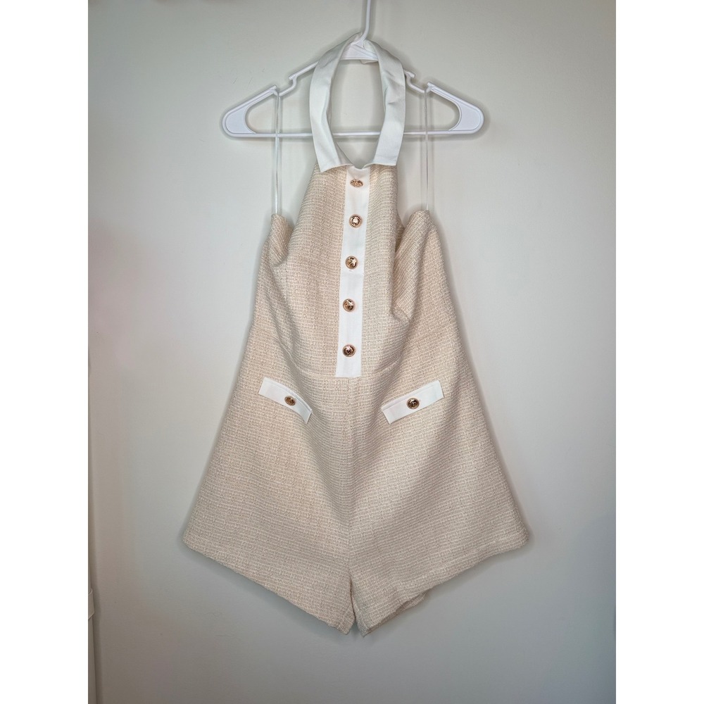 VICI Exclusive Tweed Halter Romper Cream Gold Metallic Button Front XL NEW